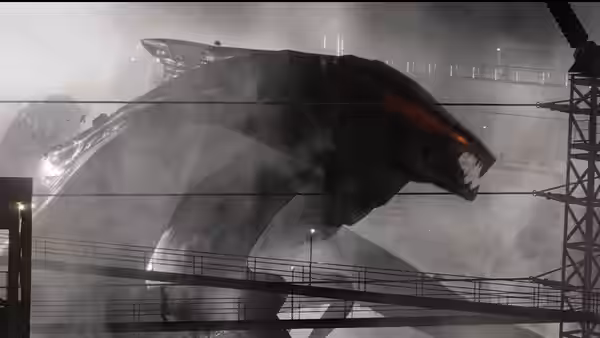 A giant winged creature looms over an elevated walkway amid smoke and industrial structures