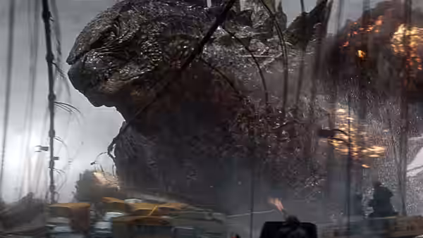 Godzilla looms over wreckage and fleeing people amid fires and smoke