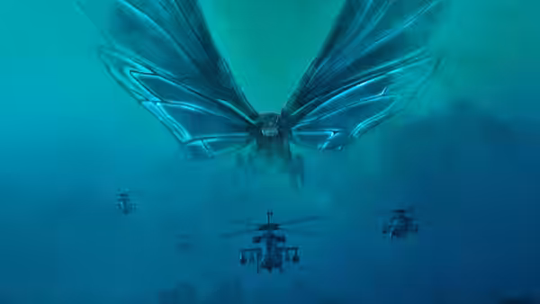 A giant winged creature flies above a formation of helicopters