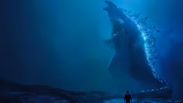 Godzilla rises from the water before a lone person on shore