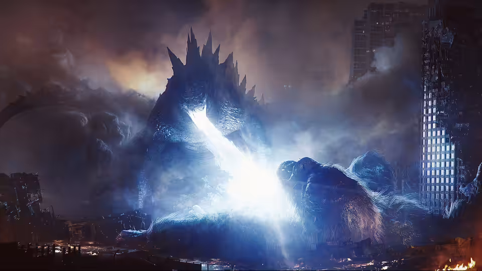 Godzilla and Kong clash amid smoke and flames in a ruined city