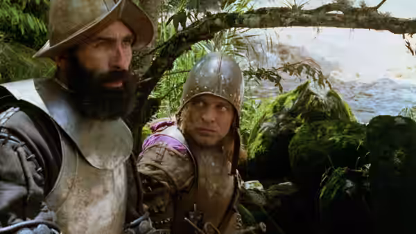 Two armored conquistadors standing near a river in dense jungle