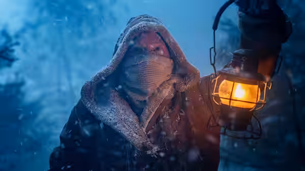 A snow-covered, masked traveler carries a glowing lantern through a blizzard