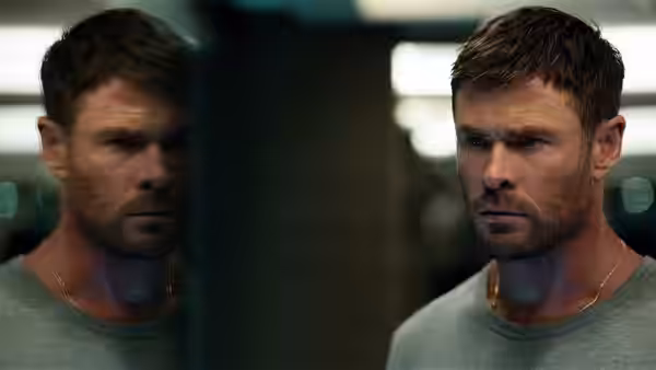 Chris Hemsworth as Davis looks at his reflection in a mirror
