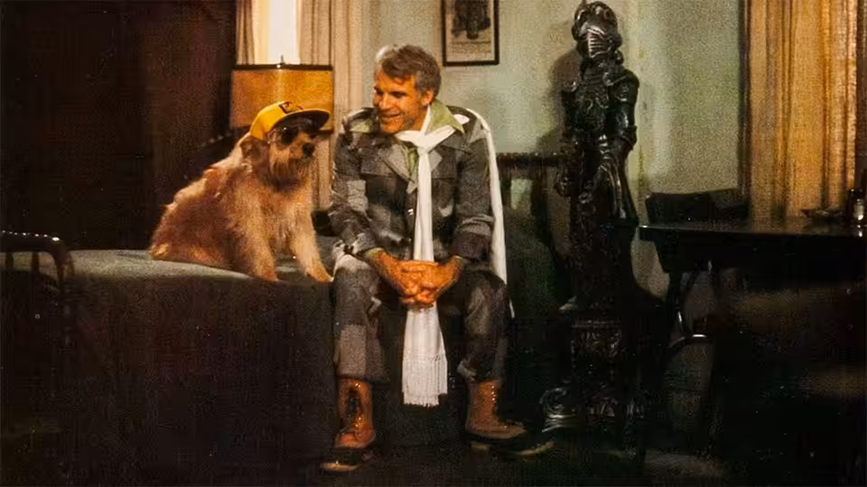 Navin (Steve Martin) sits beside a dog in a furnished room