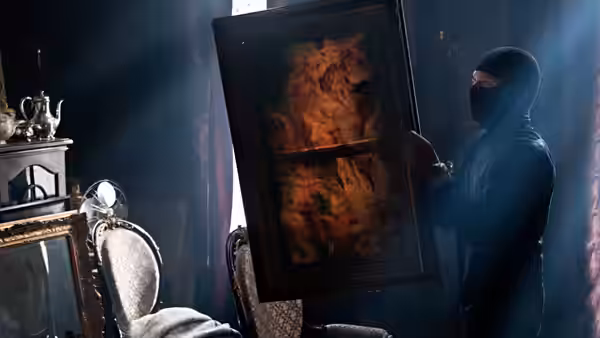 A masked thief carries a framed painting from a furnished room