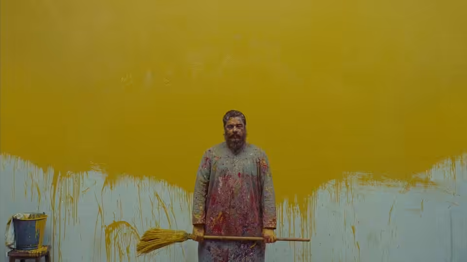 Moses Rosenthaler (Benicio del Toro), covered in paint, holds a broom before a painted wall