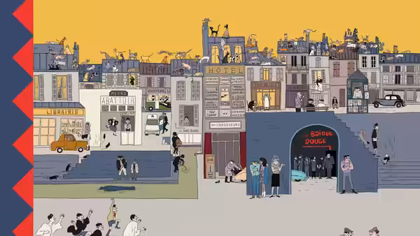 An illustrated street of shops, hotels, cafés, cars, and pedestrians in a French town