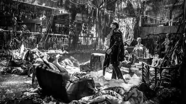 A man stands amid heaps of rubbish and scattered debris in a ruined courtyard