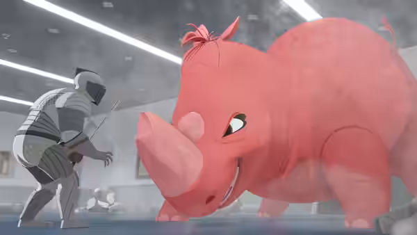 Nimona (Chloë Grace Moretz) transformed into a pink rhinoceros faces an armored knight