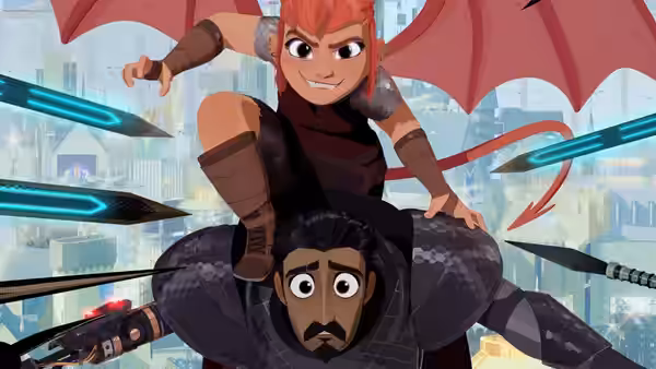 Nimona (Chloë Grace Moretz) rides on Ballister Boldheart (Riz Ahmed) as they flee through the city