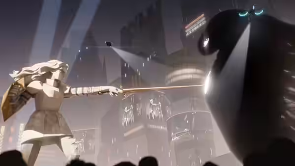 A blond knight points a sword at a towering black creature beneath city spotlights
