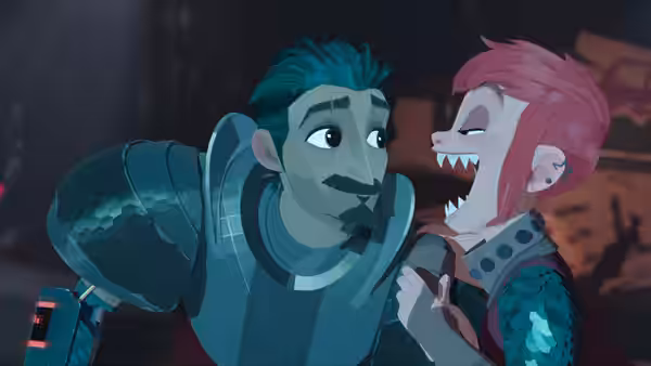 Ballister Boldheart (Riz Ahmed) leans close to Nimona (Chloë Grace Moretz), who bares her teeth