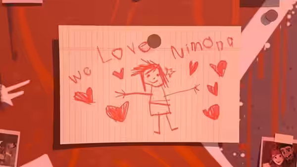 A handwritten note reads “We love Nimona,” surrounded by hearts and a doodle