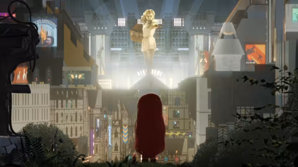 A red-haired figure looks up at a glowing statue above a crowded city square