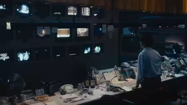 A man stands at the control console watching a wall of television monitors
