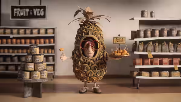 A woman in a pineapple costume stands in a grocery store aisle