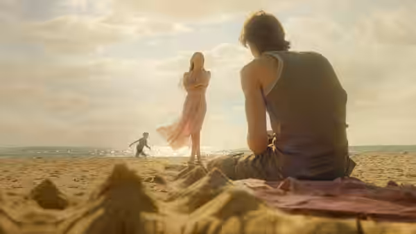 A young woman stands on the beach facing a seated young man