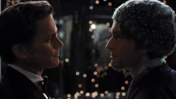 Two men in formalwear face each other beneath glowing lights