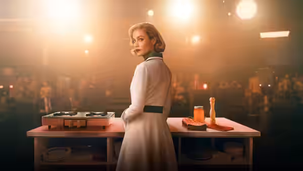 Elizabeth Zott (Brie Larson) turns toward the audience from her cooking-show counter
