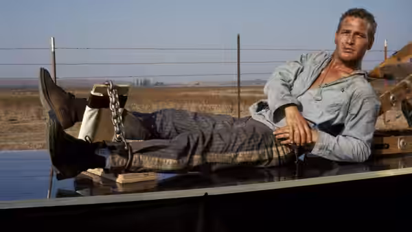 Luke Jackson (Paul Newman) reclines on a truck bed behind a fenced work camp