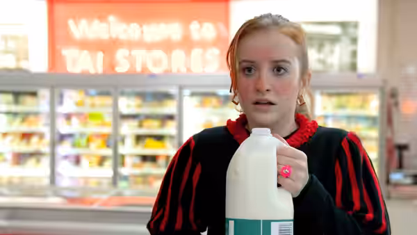 Jen (Mairéad Tyers) holds a milk jug in front of supermarket refrigerators