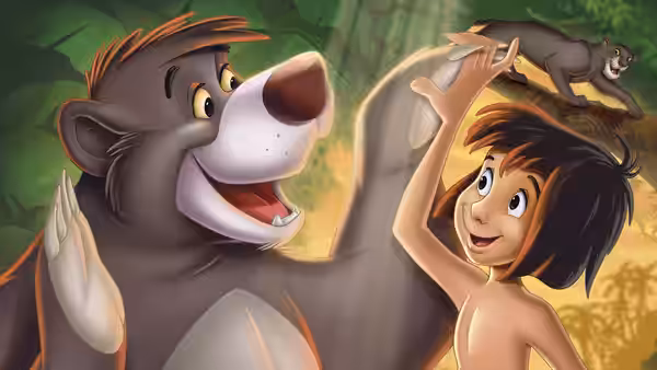Mowgli reaches toward Baloo the bear with Bagheera the panther on a branch
