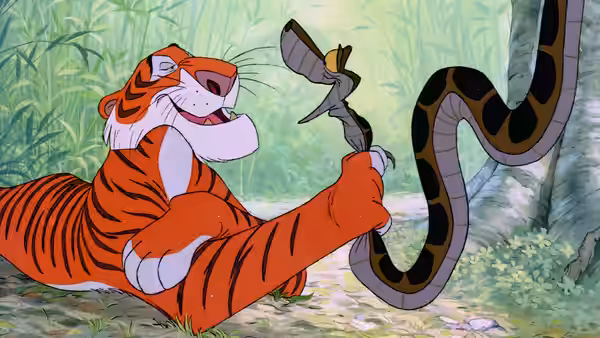 Shere Khan the tiger grabs Kaa the snake by the tail