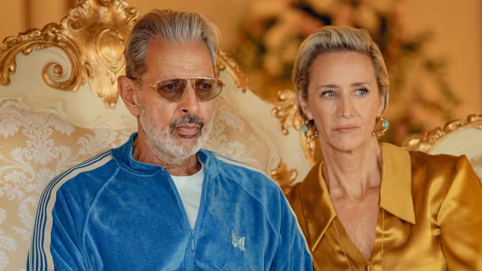 Zeus (Jeff Goldblum) and Hera (Janet McTeer) sit together on an ornate gilded throne