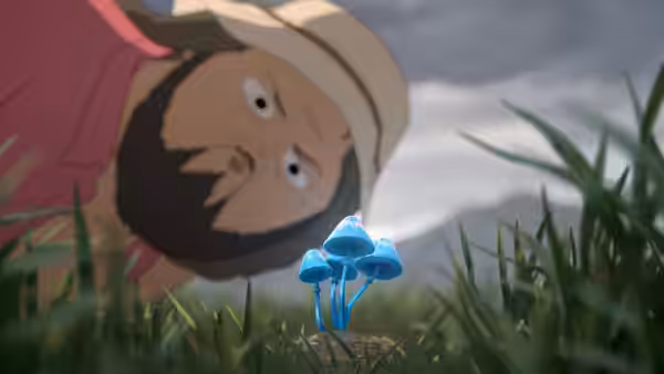 Marshall Cuso (Dave King) peers closely at glowing blue mushrooms growing in grass