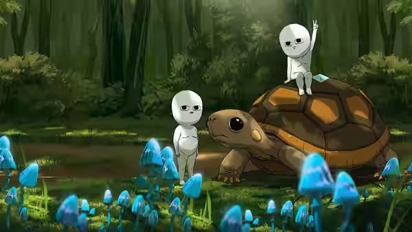 Two small pale figures ride a giant tortoise through a forest of blue mushrooms