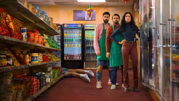 Lucky stands with Mir and Raj in the grocery aisle beside a body on the floor