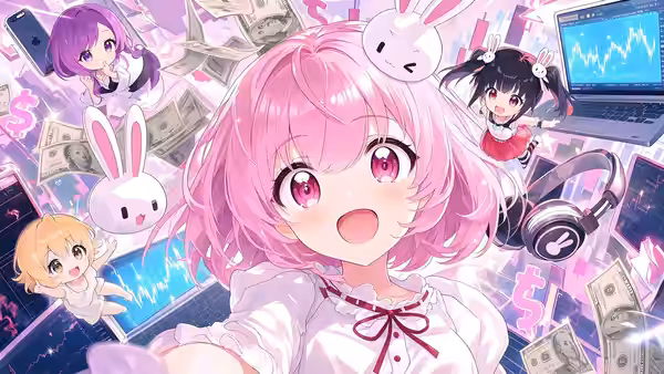Kurumi Fukuga (Aina Suzuki) surrounded by currency, trading charts, bunny mascots, and headphones