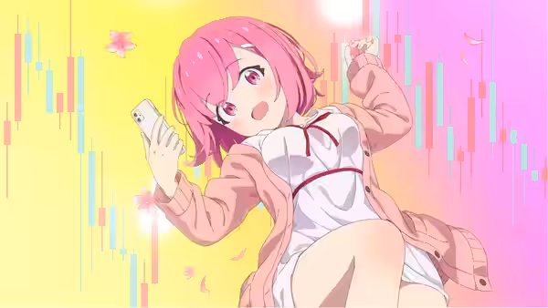 A pink-haired woman checks her phone and raises a fist before currency charts