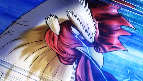 Keiji (Kenta Miyake) charges forward, his comb and feathers swept back by blue streaks