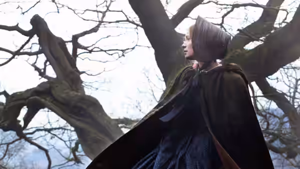 Jane Eyre (Mia Wasikowska), cloaked against the cold, looks up beneath a bare tree