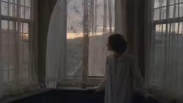 Jane Eyre (Mia Wasikowska) stands by a tall window, looking out over the landscape