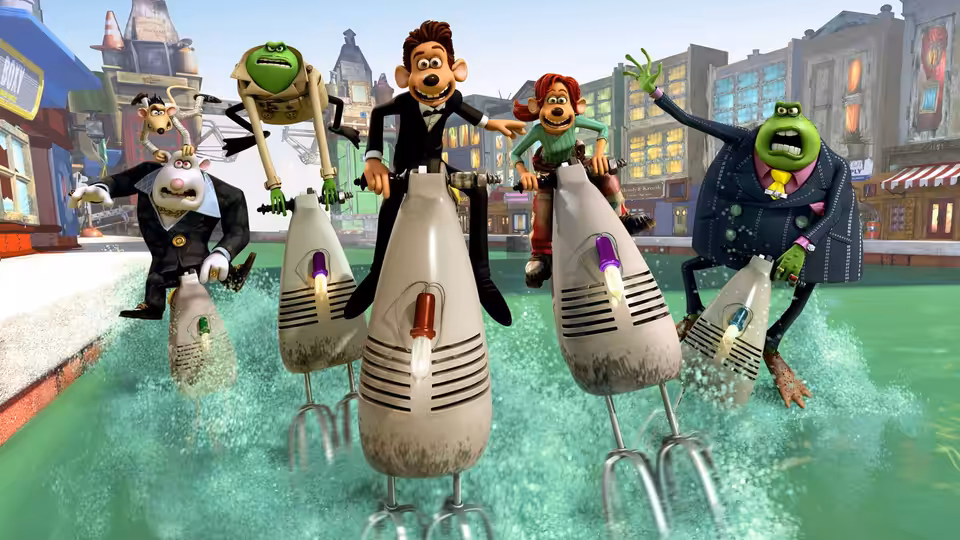 Roddy and Rita race through a flooded city on small motorised vehicles alongside frogs