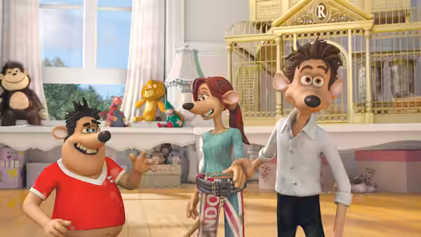 Roddy and Rita stand with Sid in a toy-filled room