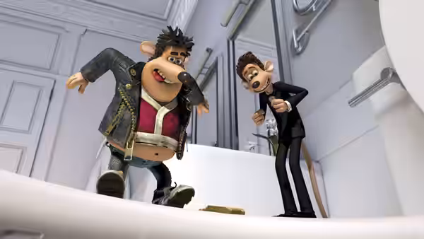 A leather-jacketed rat and Roddy lean over a large white porcelain basin