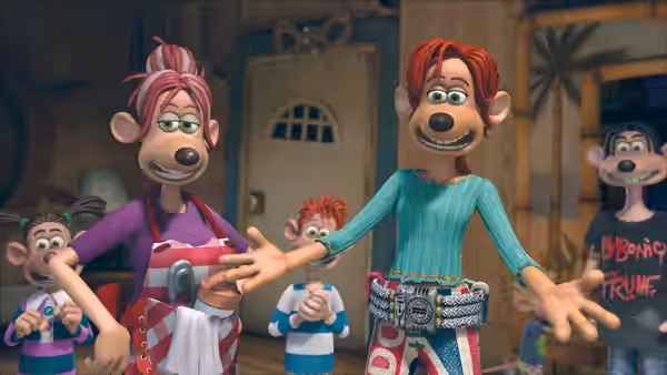 A red-haired rat gestures beside a pink-haired rat as young rats gather around them