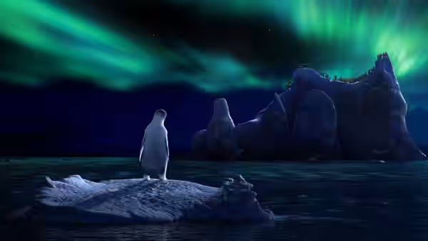 A lone penguin stands on an ice floe beneath the glowing aurora