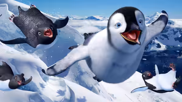Young Mumble (Elijah Wood) and other penguins glide through the air above icy mountains