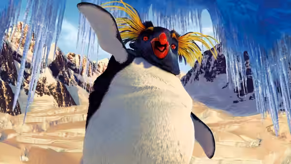 Lovelace (Robin Williams) spreads his flippers beneath hanging icicles in an ice cave