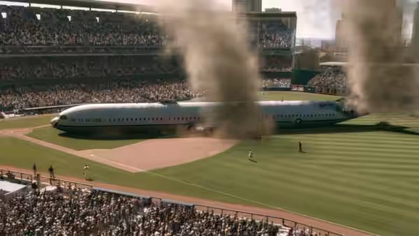 A passenger jet lies across a baseball field as smoke rises around it