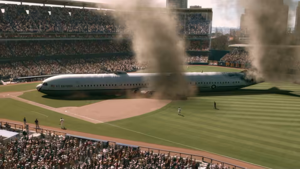 A passenger jet lies across a baseball field as smoke rises around it