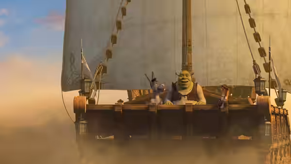Shrek, Donkey, and Puss in Boots stand aboard a sailing ship