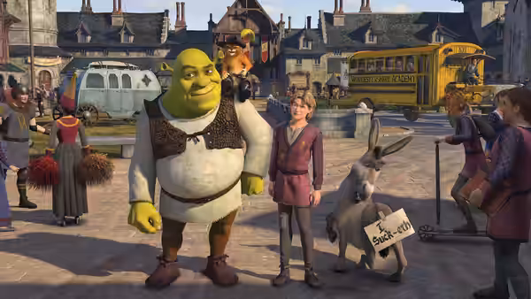 Shrek and Fiona walk through a crowded town square with Donkey