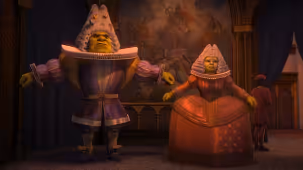 Shrek and Fiona pose in ornate royal costumes inside a palace