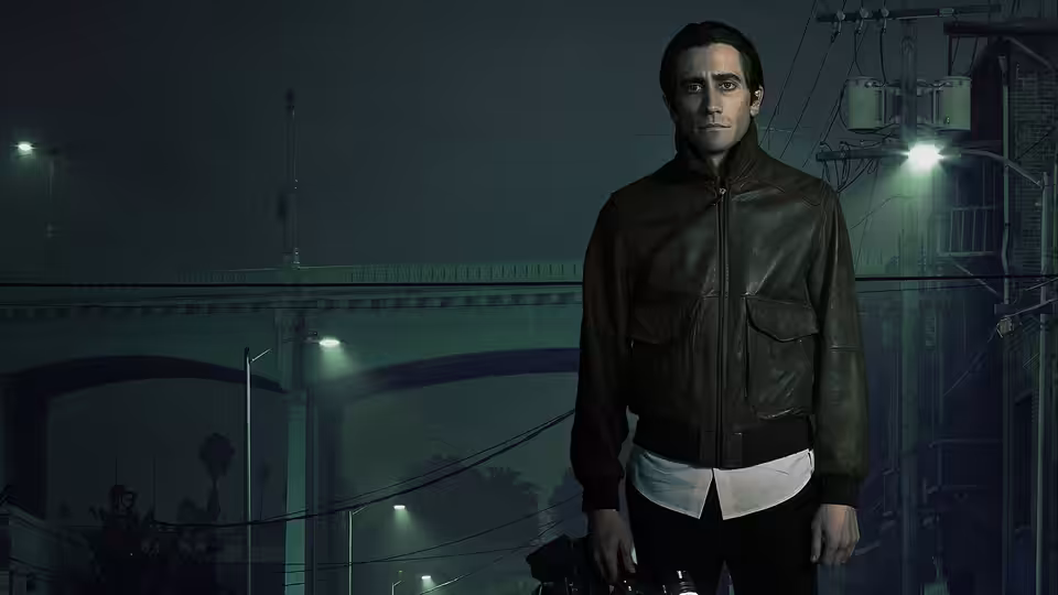Louis Bloom (Jake Gyllenhaal) standing on an overpass at night